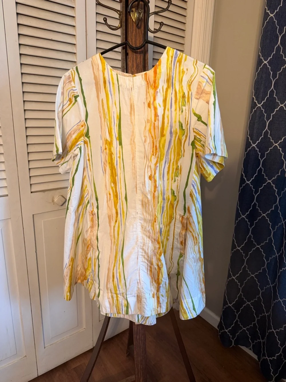 Maeve Short-Sleeve A-Line Mini Dress in Yellow and Green Watercolor Stripe - Picture 2 of 3
